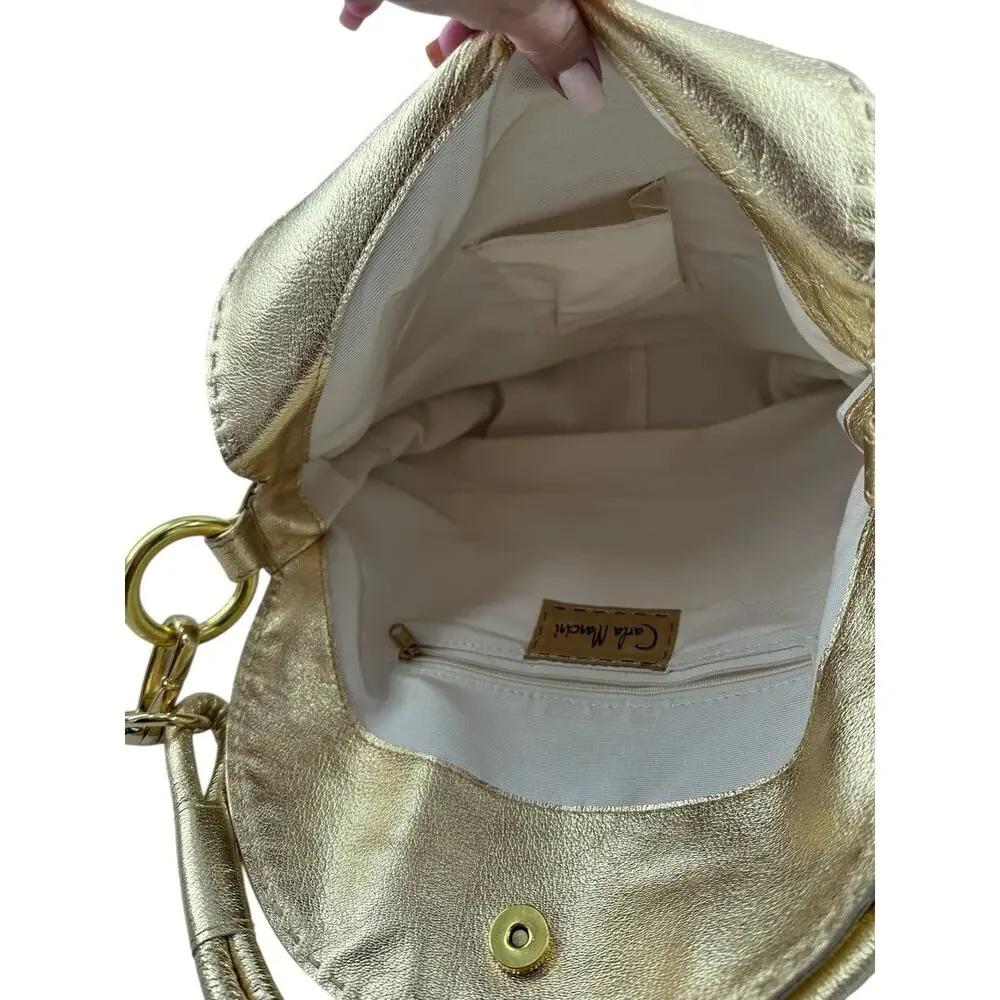 New Carla Mancini Gold Metallic Leather Hobo Shoulder Bag Chain Handcrafted FLAW